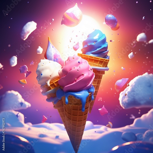 Wallpaper Mural Levitating ice cream scoops, vibrant flavors, close-up view, 3D commercial illustration, Dark , Manga , Fairytale , Origami Torontodigital.ca