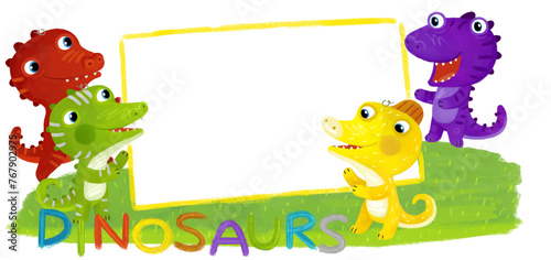 cartoon scene with dino dinosaurs or dragons friends playing having fun childhood on white background with space for text illustration for children