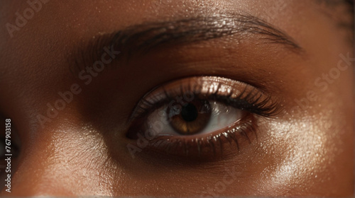 Close up of beautiful black woman's eyes staring at camera