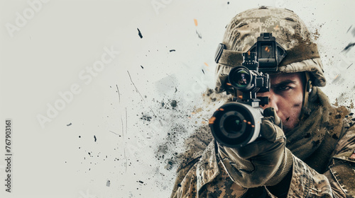 Tactical Vision: Sniper Soldier Looks Through the Scope, Next to an Exploding Bomb on a White Background.