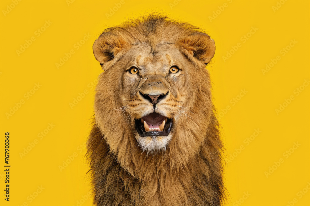 Cheerful close-up of a lion with a comical expression on a yellow backdrop