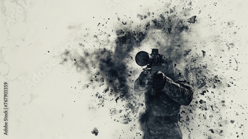 Military Operation: Soldier in Shooting Position with Crosshair, with Image of Explosive Bomb on White Background.