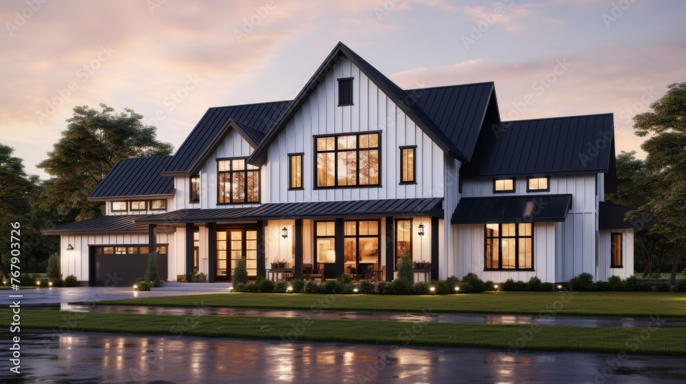 Contemporary exterior architecture of a modern farmhouse showcasing a stylish front door porch