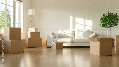 Moving boxes in a spacious living room. Interior design photograph with sunlight