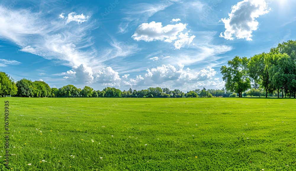 Obraz premium Beautiful green lawn with a blue sky and clouds, a wide angle view, Generative AI