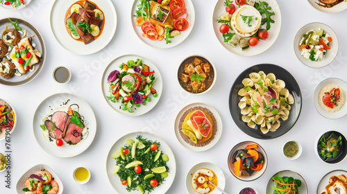 Array of different meals arranged on plates, seen from above against white background