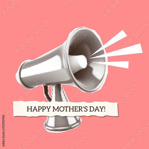 Mother's Day greeting card Megaphone halftone paper cut out. Vector illustration