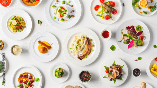 Array of different meals arranged on plates, seen from above against white background