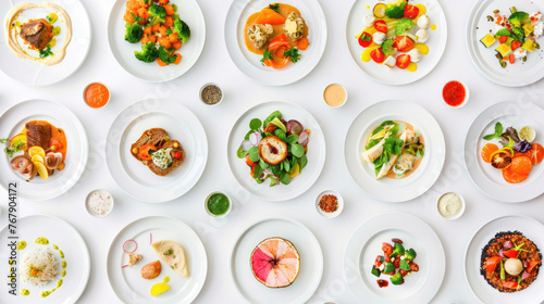 Array of different meals arranged on plates, seen from above against white background