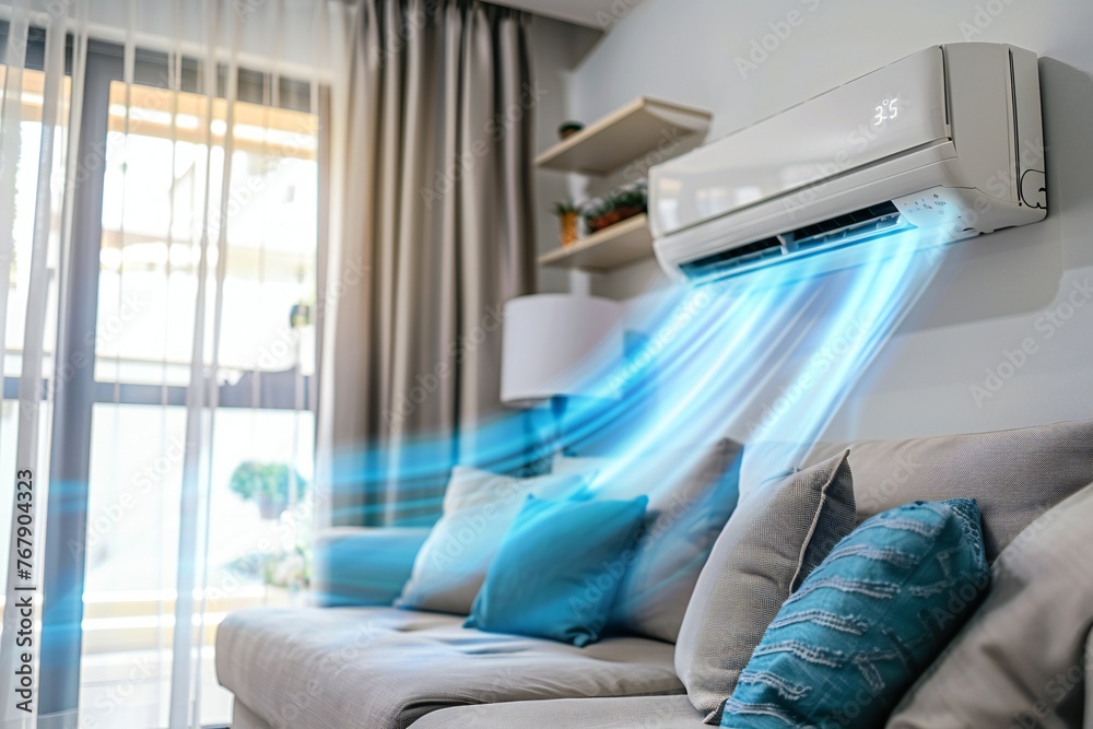 Fototapeta premium Energy efficient air conditioner with fresh natural in a modern living room