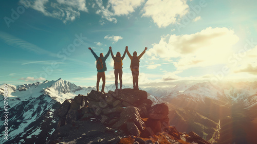 Triumphant Hikers Celebrating Success: Group Raising Hands at Mountain Summit. Generative AI.