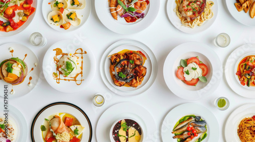 Array of different meals arranged on plates, seen from above against white background