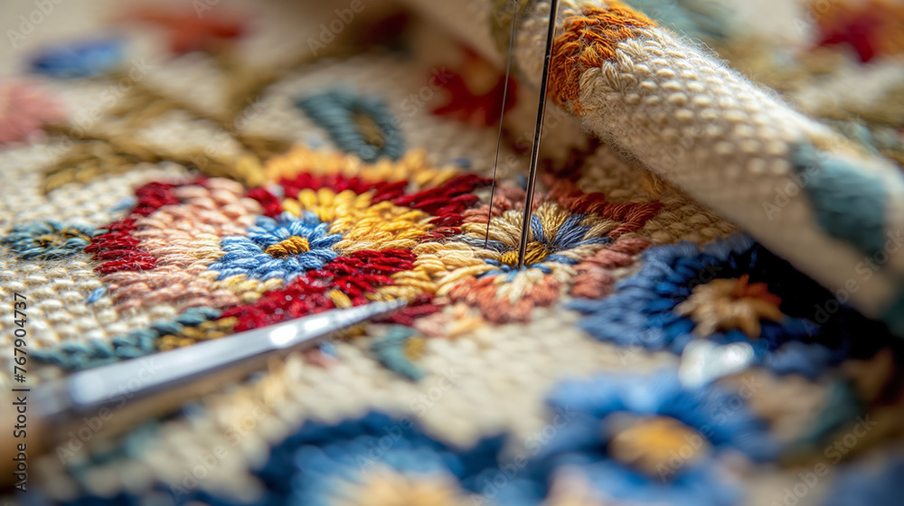 A detailed close-up of a needle with thread piercing through a floral-patterned fabric, highlighting the intricacy of the stitching process.