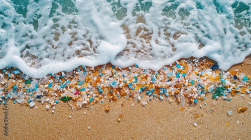 Varied microplastics and debris scattered on beach sand.