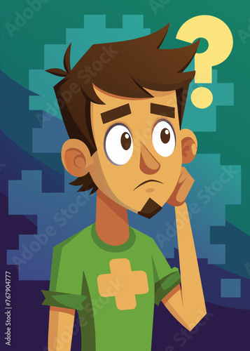 Young puzzled, doubtful, confused man thinking, trying to find solution, worried expression on his face, concept - Sorry, don't know how it happened. Copy space.