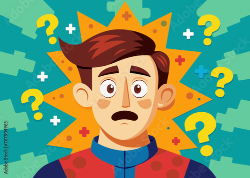 Young puzzled, doubtful, confused man thinking, trying to find solution, worried expression on his face, concept - Sorry, don't know how it happened. Copy space.