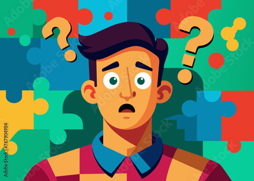 Young puzzled, doubtful, confused man thinking, trying to find solution, worried expression on his face, concept - Sorry, don't know how it happened. Copy space.