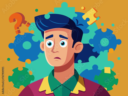 Young puzzled, doubtful, confused man thinking, trying to find solution, worried expression on his face, concept - Sorry, don't know how it happened. Copy space.