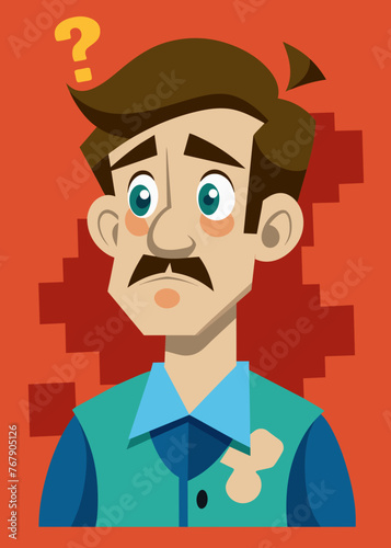 Young puzzled, doubtful, confused man thinking, trying to find solution, worried expression on his face, concept - Sorry, don't know how it happened. Copy space.