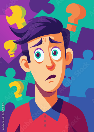 Young puzzled, doubtful, confused man thinking, trying to find solution, worried expression on his face, concept - Sorry, don't know how it happened. Copy space.