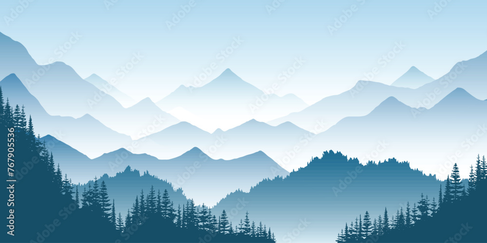 Mountain landscape, ridges in fog, forest on slopes, vector illustration	