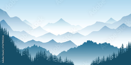 Mountain landscape, ridges in fog, forest on slopes, vector illustration 