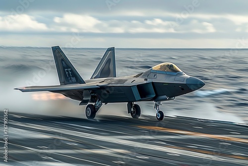 Front view of an F-22 Raptor fighter jet accelerating during takeoff on an aircraft carrier runway. The aircraft is sent on combat duty in offshore waters. Motion blur effect.