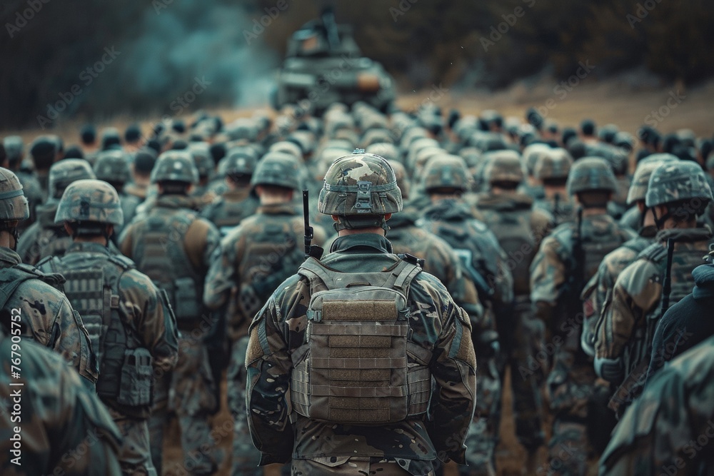 Fototapeta premium Rear View of a Soldier Leading a Column of Military Personnel Through Training Maneuvers
