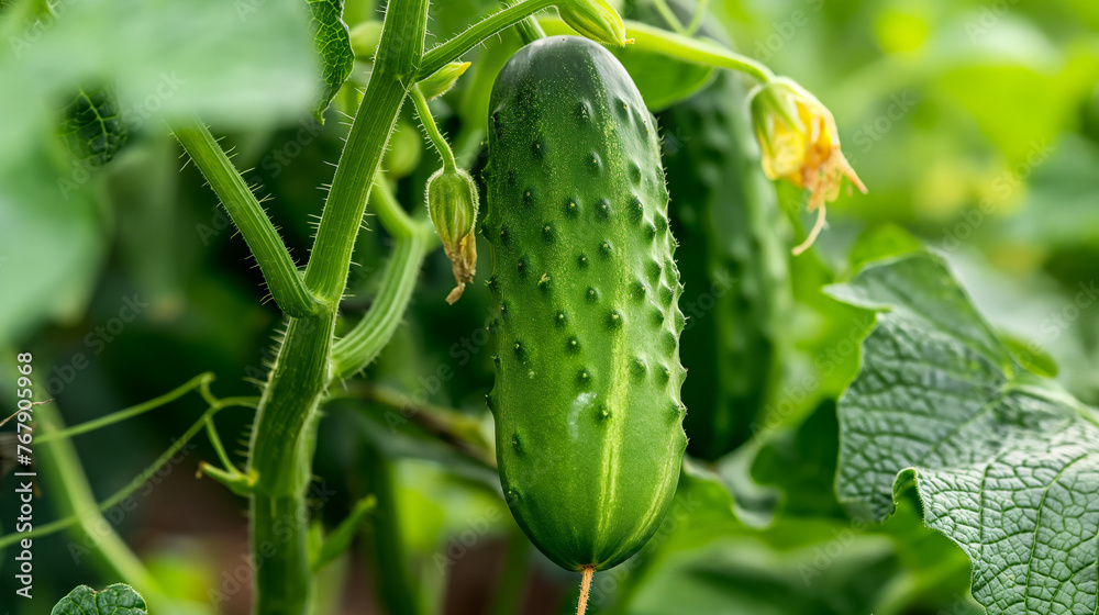 Cucumber hanging on the vine with dew drops in a garden. Organic farming and fresh vegetables concept. Design for gardening guides, healthy eating blog, and agricultural banner with copy space. Cucumber hanging on the vine with dew drops in a garden. Organic farming and fresh vegetables concept. Design for gardening guides, healthy eating blog, and agricultural banner with copy space.