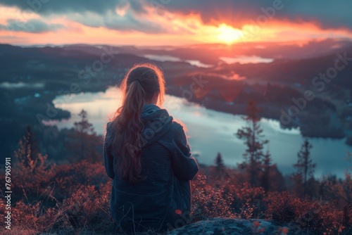 Woman Contemplating Dusk over Serene Lake from Mountain Top with Warm Sunset Glow