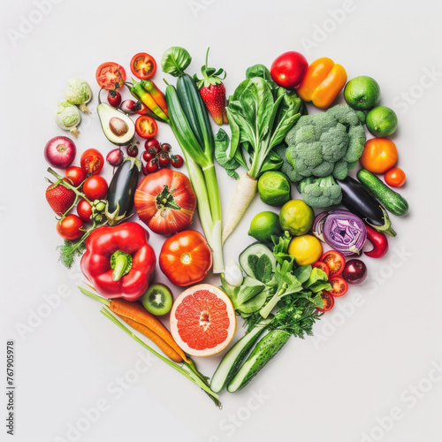 Various colorful vegetables and fruits arranged in a heart shape on a white background