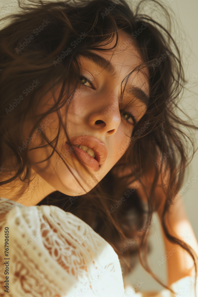 Sensual woman looking at camera, realistic natural portrait with soft lighting Sensual woman looking at camera, realistic natural portrait with soft lighting