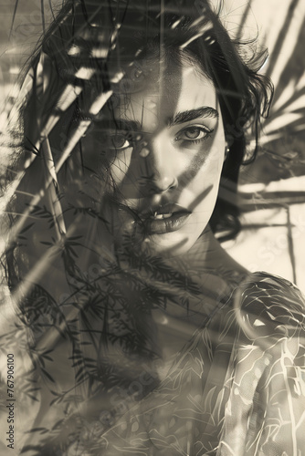 Gorgeous woman, summer portrait in style of double exposure