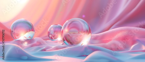 Ethereal landscape of glass spheres resting on undulating silk fabric, bathed in soft pastel light and gentle reflections.