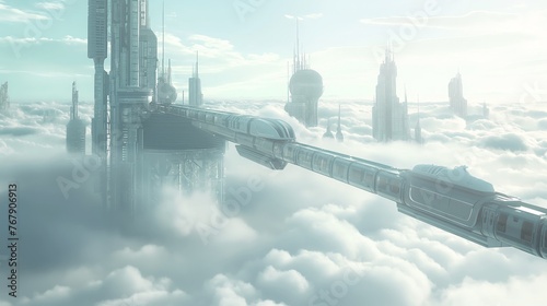 A serene view of a futuristic city with skyscrapers and a train above the clouds, conveying a concept of advanced transportation and urban development.