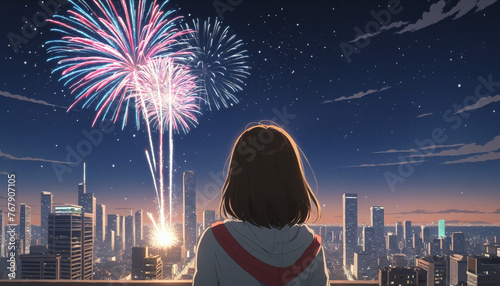 Anime-style illustration of a back view of a girl watching fireworks shoot up into the sky colorful background