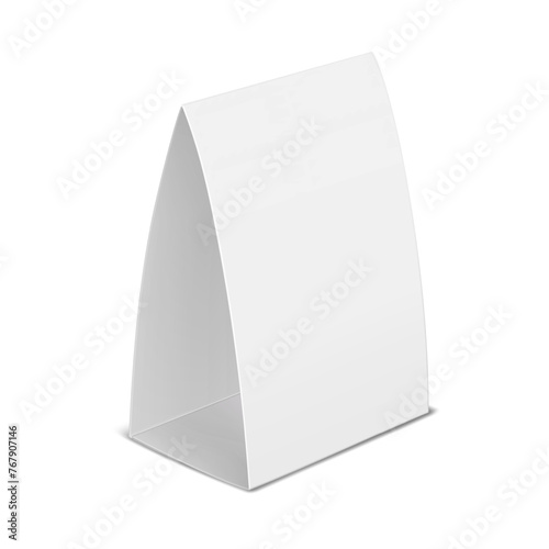 Table tent template. White blank paper countertop pop banner stand. Realistic mockup. Desktop promotional graphic display card vector mock-up