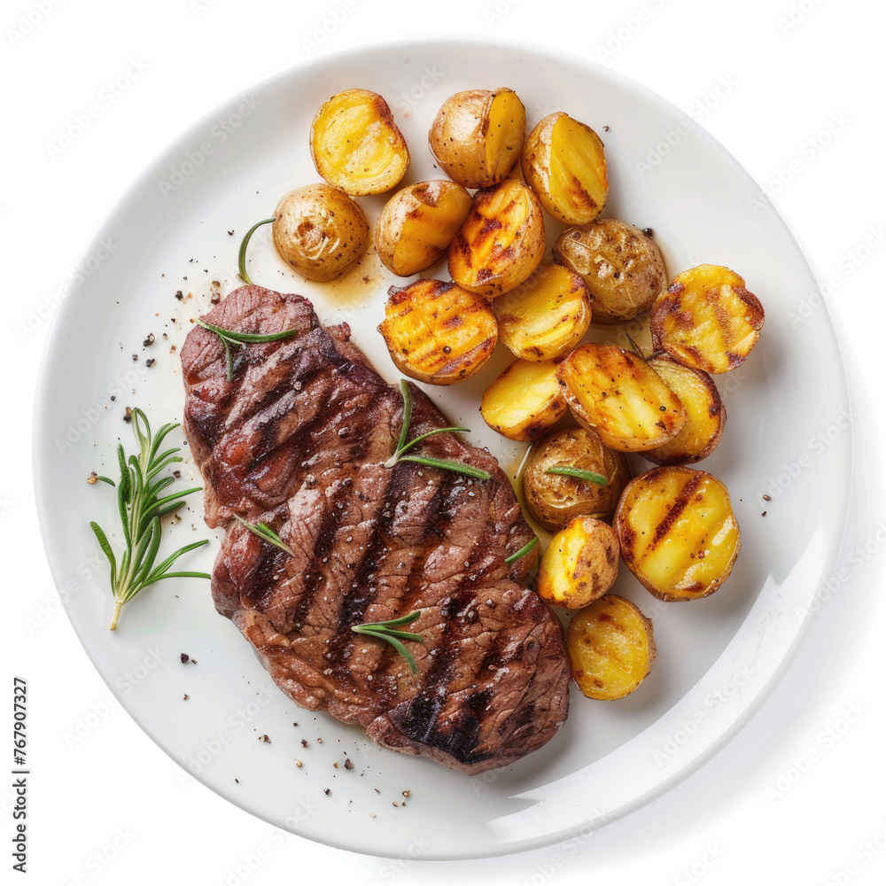 Delectable grilled beef steak and golden potatoes arranged on a plate, isolated on white