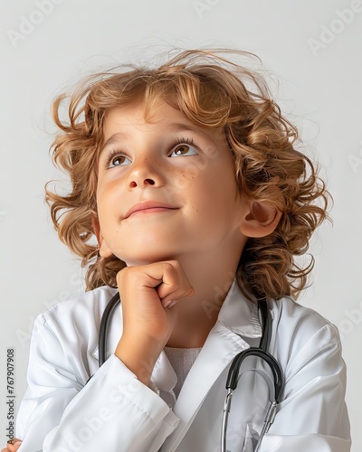 a happy child who is looking thoughtful, wearing a doctor's coat