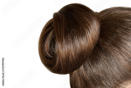 Closed up shot of woman hairstyle bun isolated on white background