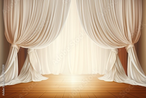 illustration scene background, white curtain on stage of theater or cinema slightly ajar