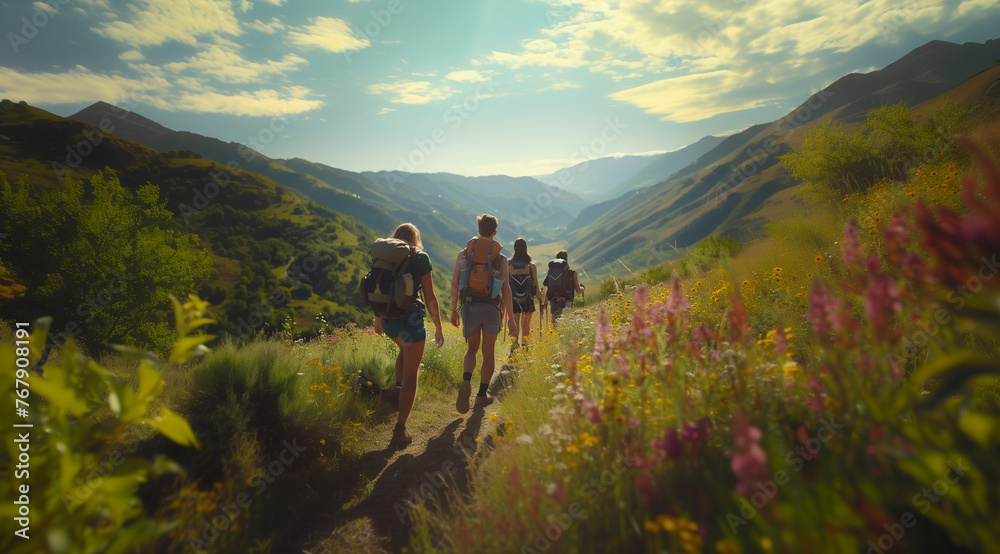 Obraz premium American Mountain Adventure: Family and Friends Exploration with beautiful nature flooded with rays of sunset as background