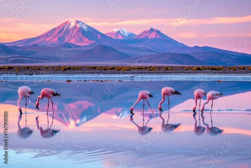 Beautiful flamingos at sunshine lagoon in mountanious photo