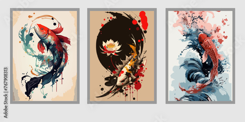 Premium Vector Illustration | Painting of koi carps, animals full of luck, symbols of harmony of life with nature