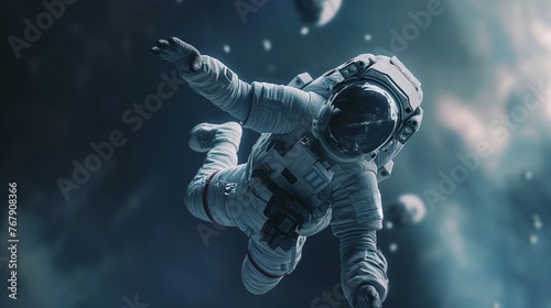 A lone astronaut floating in the cosmic expanse with a sense of exploration and isolation.
