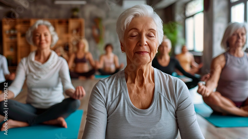 Yoga, meditation exercises senior woman, mindfulness and zen workout for health and wellness in retirement. Group of elderly old people together yoga spiritual exercis photo