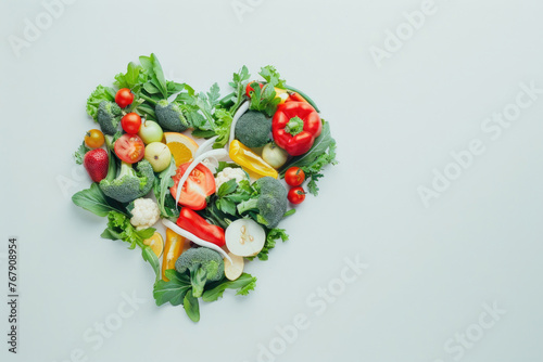 Assorted vegetables and fruits meticulously arranged to form a heart shape