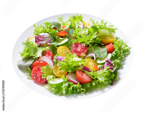 plate of green salad with fresh vegetables isolated on transparent background