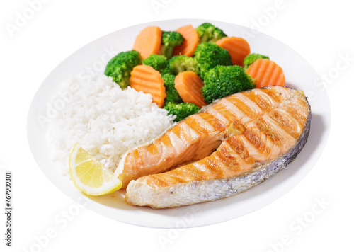 plate of grilled salmon, rice and vegetables isolated on transparent background