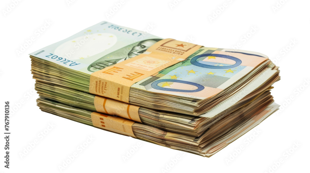 Packs of generic banknote stacks isolated on transparent background.